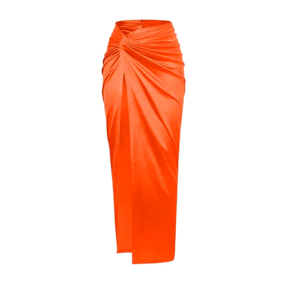 Micas Dresses & Skirts - Micas Women's Medium Orange Twist Detail High Slit Sexy Cocktail Midi Skirt